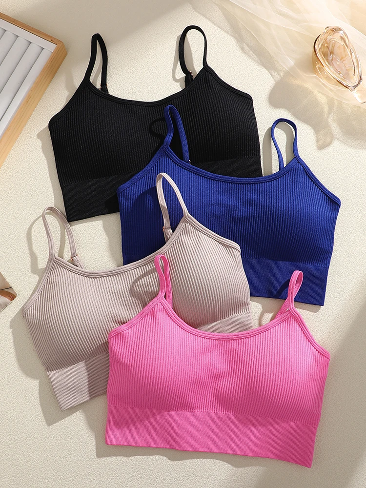 FINETOO Women Ribbed Seamless Sport Bra Thin Strap Padded Yoga Crop Top High Elastic Breathable Workout Fitness Running Bralette