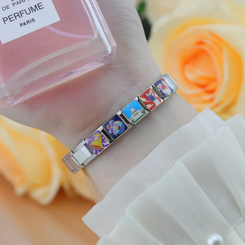 Hapiship 2024 New Women Heart Bell Landscape Money Charms Links Fit 9mm Bracelet Stainless Steel DIY Jewelry DJ1146-A