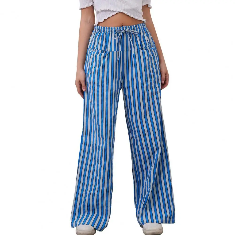 Women Wide-leg Pants Drawstring Pants Women’s Wide Leg Pants with Drawstring Waist Loose Beach Trousers with Pockets Contrast