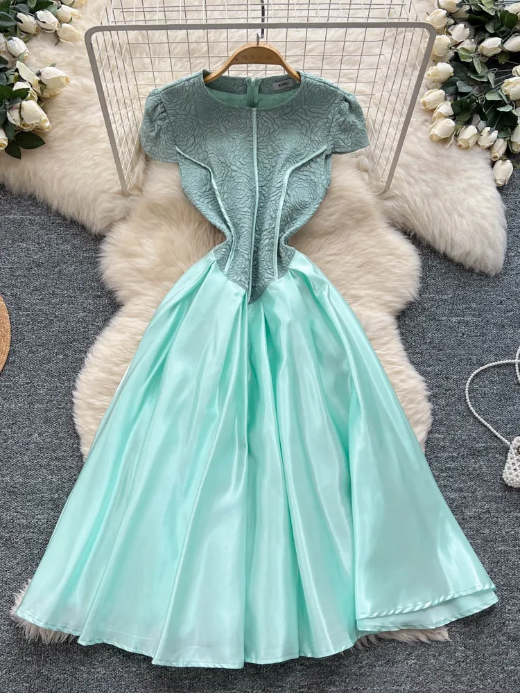 เอเล่ ซาติน ลองดรกระโปรงทรงเอเอวสูงแฟชั่นฤดูร้อนของผู้หญิง เหมาะสำหรับเดินทางไปทำงาน ชุดราตรีสวยๆ สไตล์เกาหลี