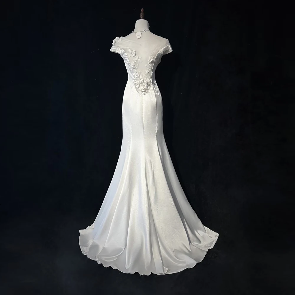 Robe de soirée de forme sirène, élégante, Vintage, fleurs 3D, blanche, manches courtes, dos nu, coupe cintrée, pour Banquet de mariage, Cocktail