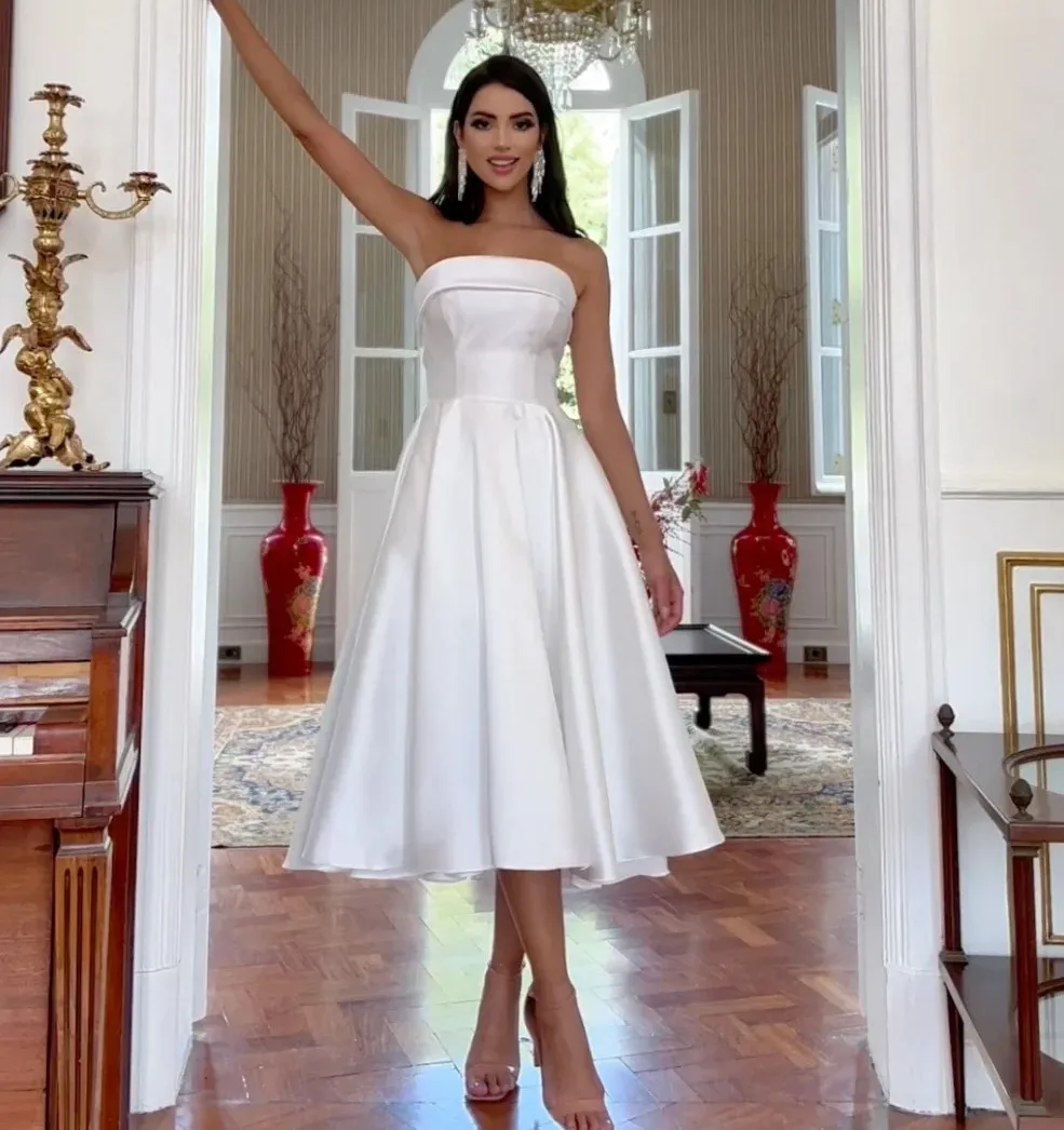 

Simple Short Wedding Dresse 2026 Strapless Pleats A Line Tea Length Satin Bridal Bride Party Gowns Vestidos De Noiva