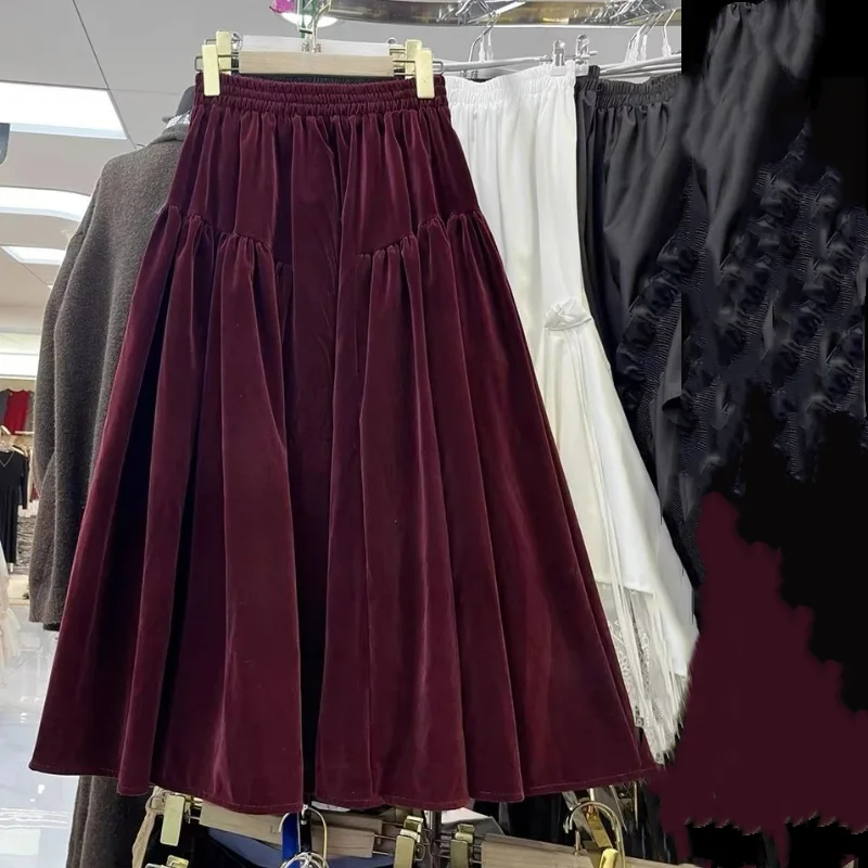 

All Match Velvet Puffy Midi Skirt Autumn and Winter New Retro Elastic Waistband Simplicity Long Elegant Vintage Skirt