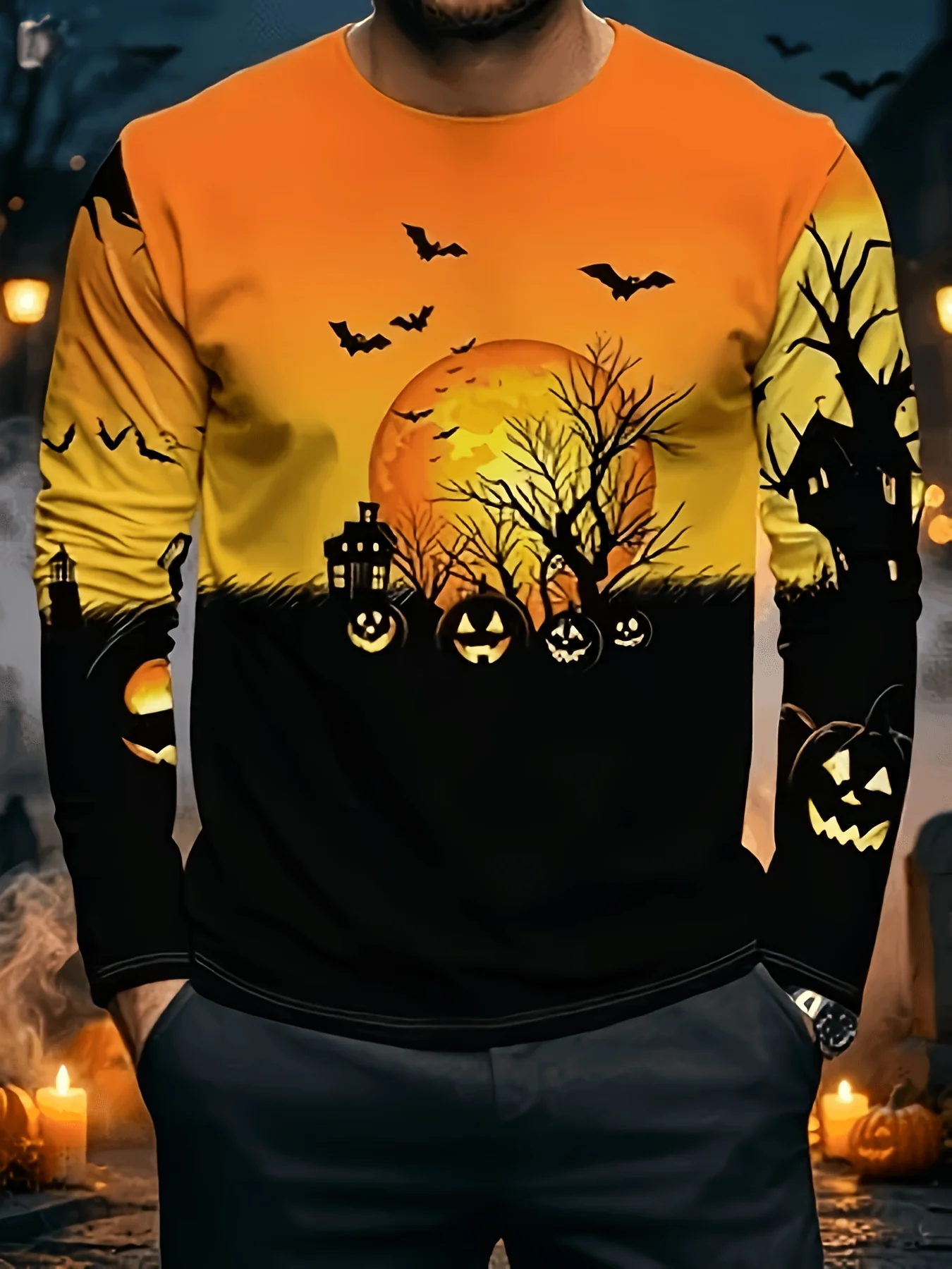 Men Long Sleeve T‑Shirt Halloween Night Scene Pumpkin Bat Haunted House 3D Print Casual Party Top