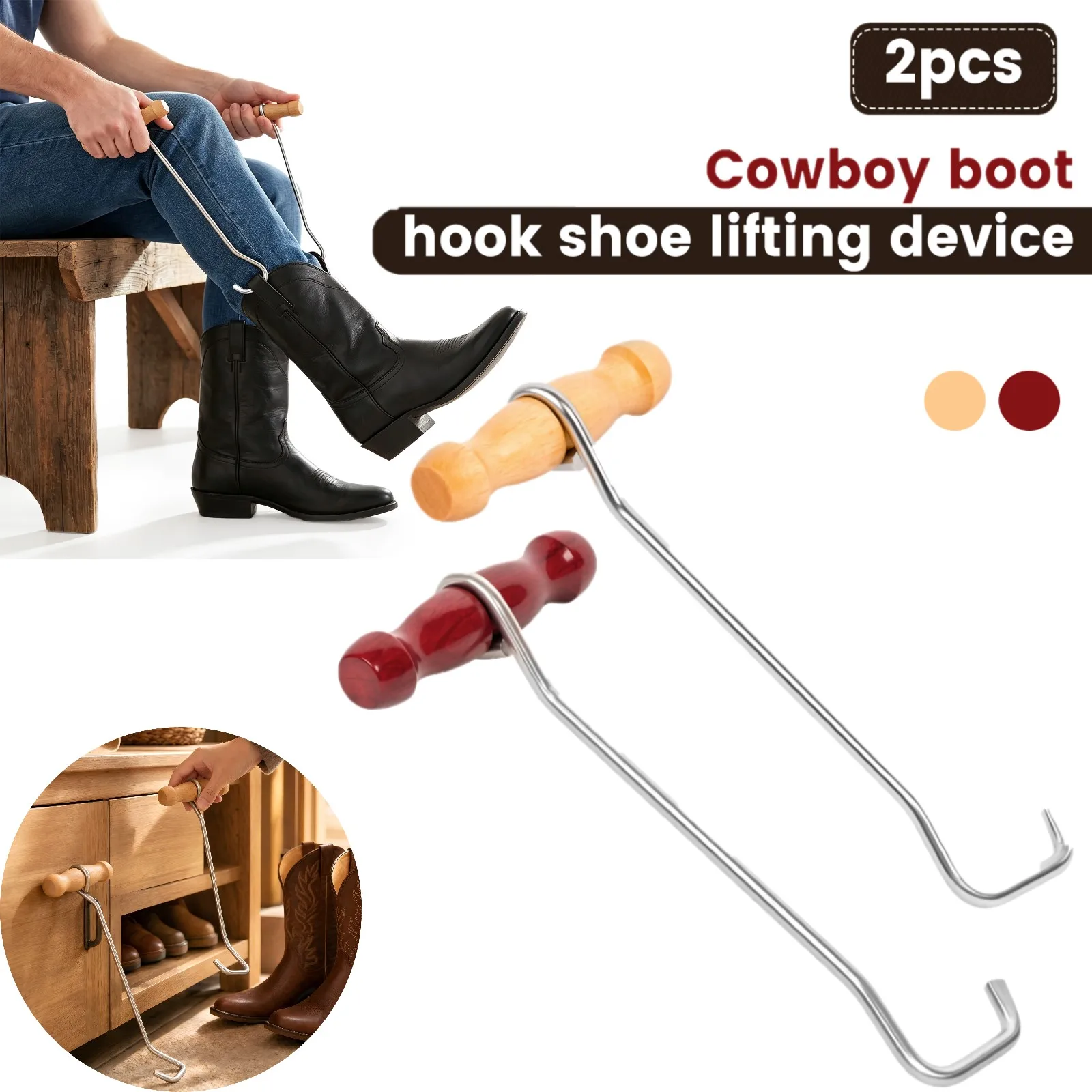 2Pcs Boot Hooks and Puller with Wooden Handle Stainless Steel Long Boot Hook Horse Grooming Tools For Cowboy Boots No Bending