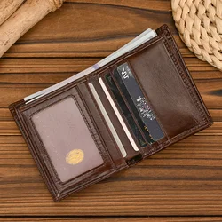 Genuine Leather Short Wallet Bifold Card Holder Purse Crzazy Horse Leather Men's Coin Wallet Real Cowskin Zipper Clutch Wallet