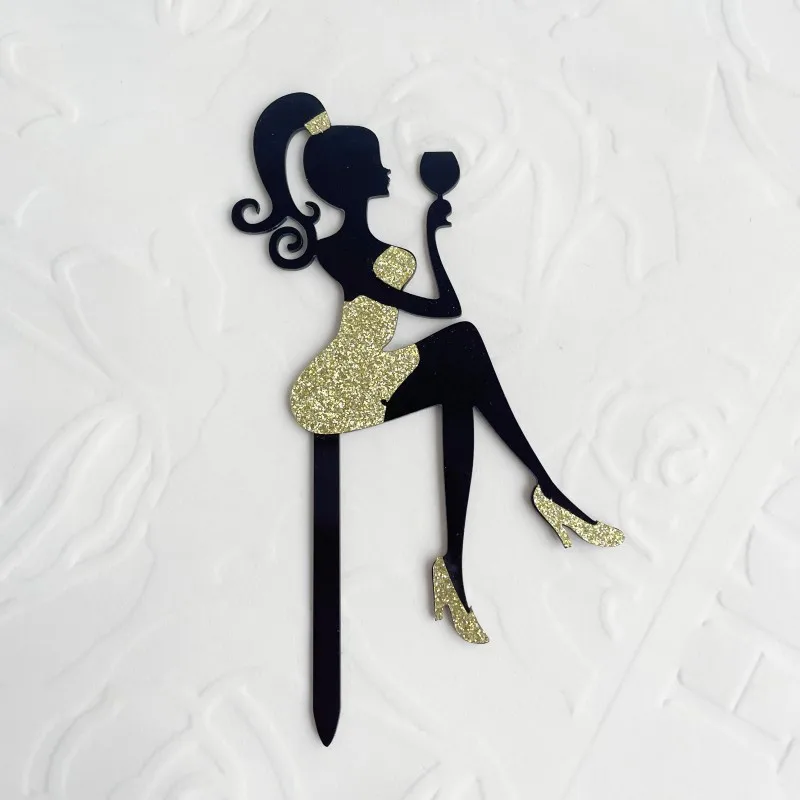 Black Acrylic Girl Happy Birthday Cake Topper Gift Wine Glass Design Wedding Party Cupcake Topper Dessert Decoration Baby Shower