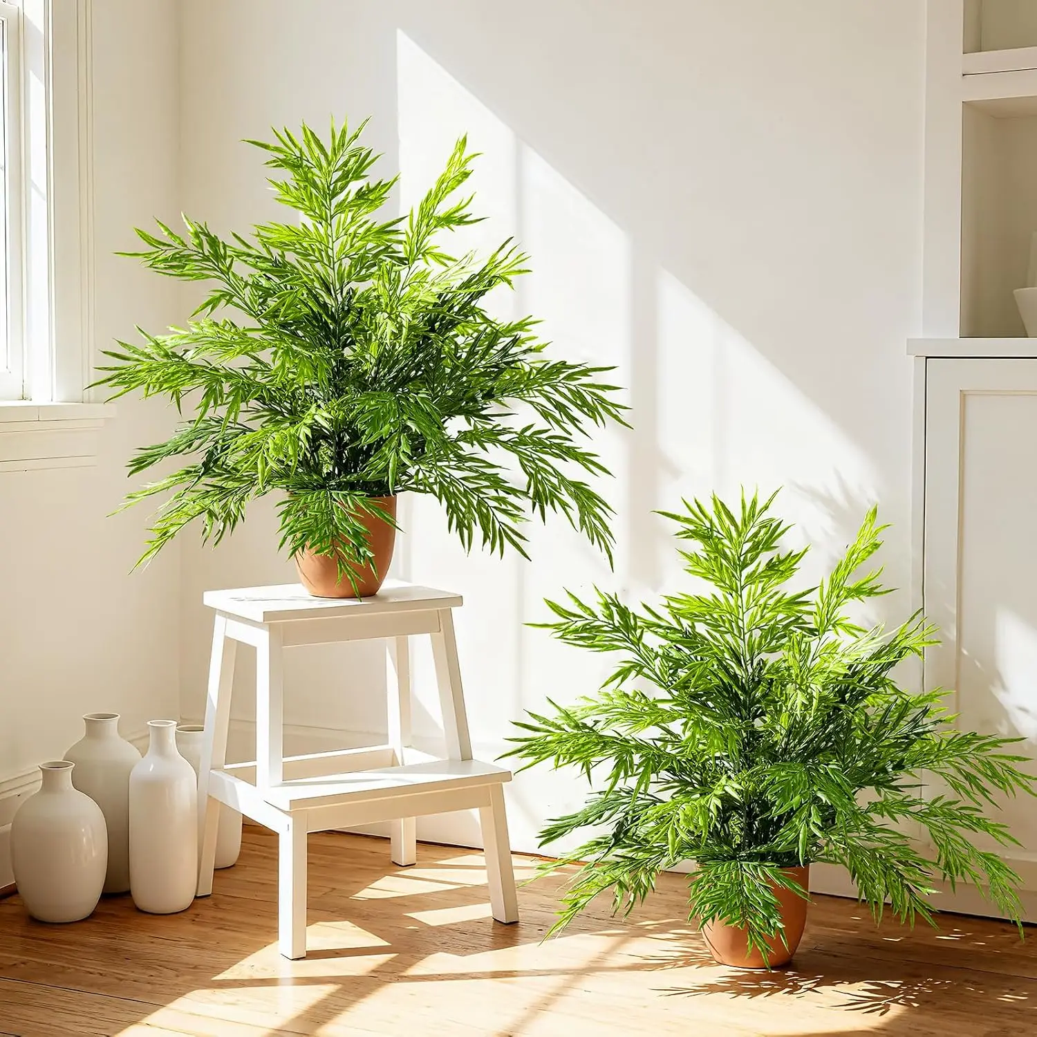 2-Pack Faux Boston Ferns in Pots, Artificial Potted Fern Plants & Bush Shrubs, Greenery for Indoor/Outdoor, Porch, Patio, Farmhouse, Garden, Living Room, Office, Table Decor (Type 3)