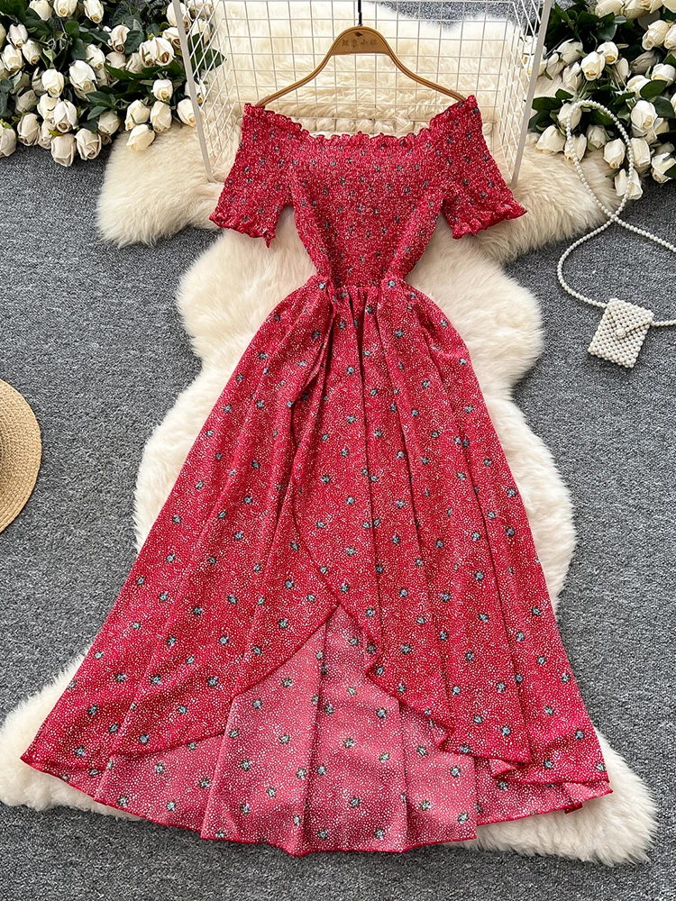 Vestidos de vacaciones en la playa para mujer, novedad de verano, estampado Floral, cuello barco, Sexy, fino, nicho, vestido con volantes irregulares, Famela A515