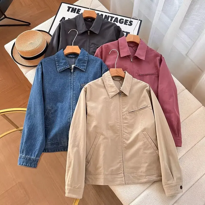 Spring WMXZ2025 Unisex Workwear Denim Jacket Stand Collar Detroit Coat Warmth Regular Fit Zipper Closure Short Outerwear