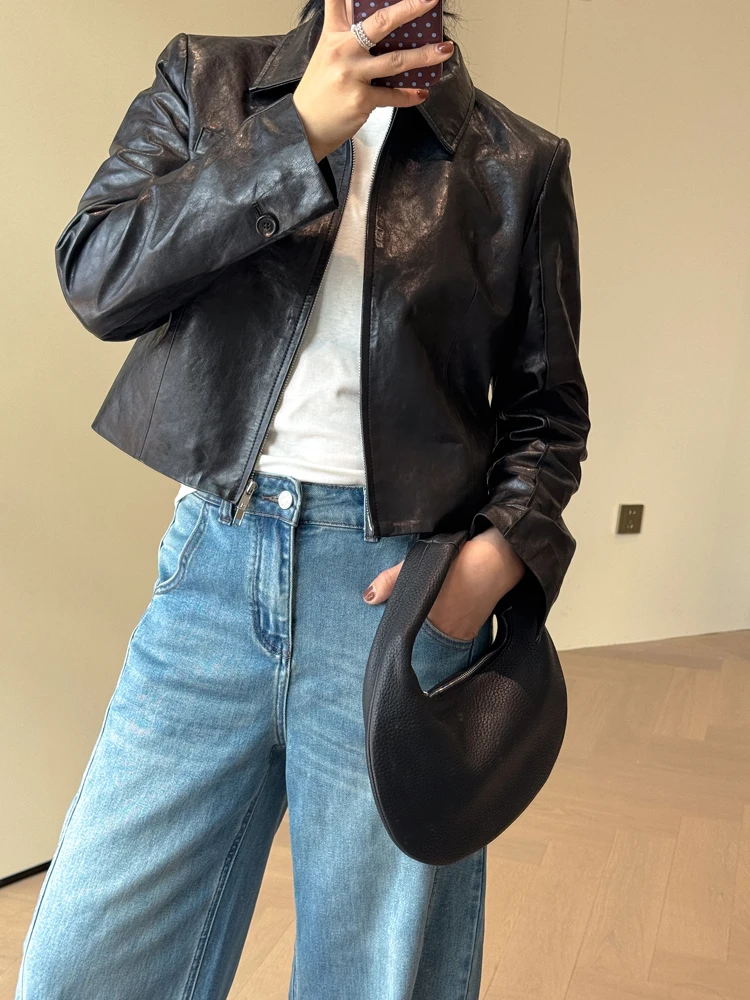 

Spring 2026 Women's ort Lamb Leather Jaet Casual Sle Zipper Closure Warm Thiened Outerwear Profional Care Recommended