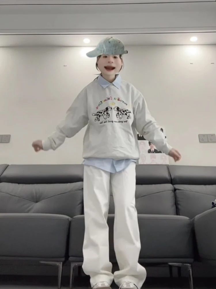 레트로 아메리칸 카툰 스팟 도그 라운드 넥 스웨트셔츠 여성용 봄 가을 루즈 오버사이즈 롱 슬리브 탑 시크 홍콩 스타일
