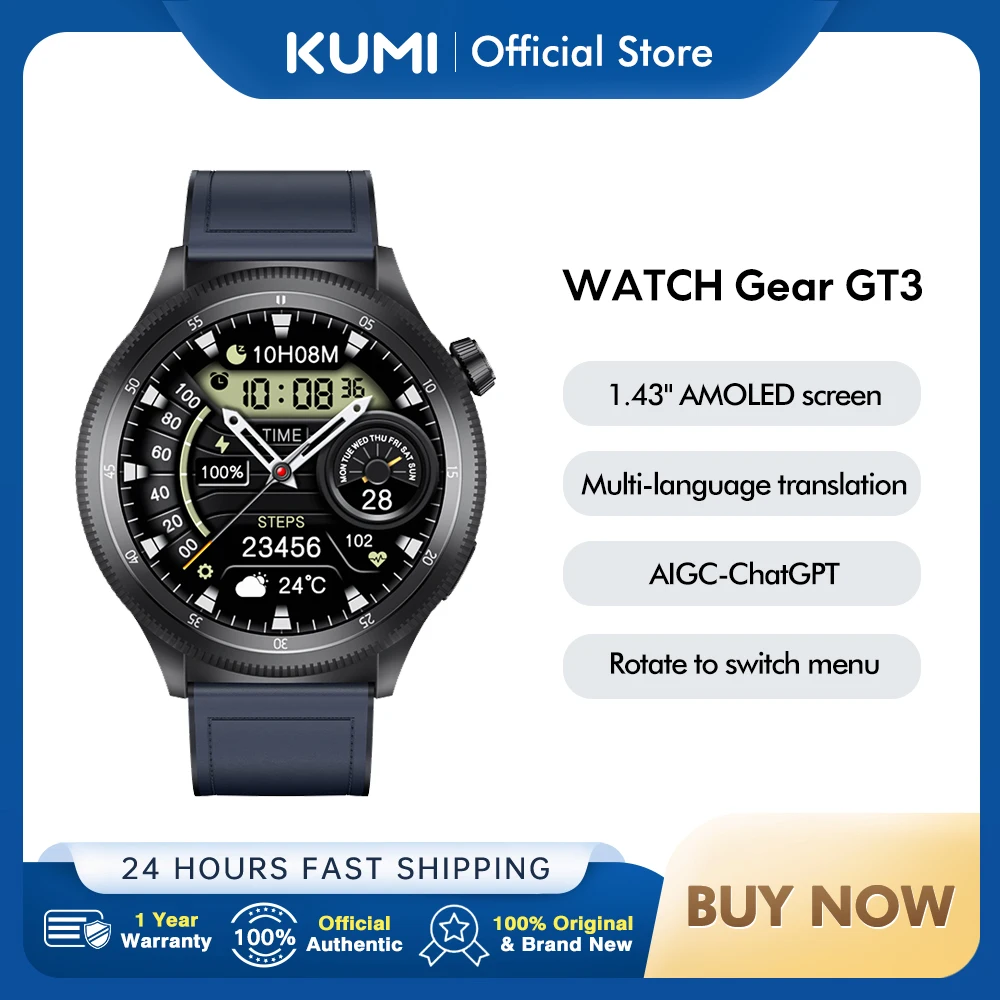 

KUMI WATCH Gear GT3 1.43" AMOLED Screen Smart Watch Bluetooth Call Multi-language translation AIGC-ChatGPT Rotate to switch menu