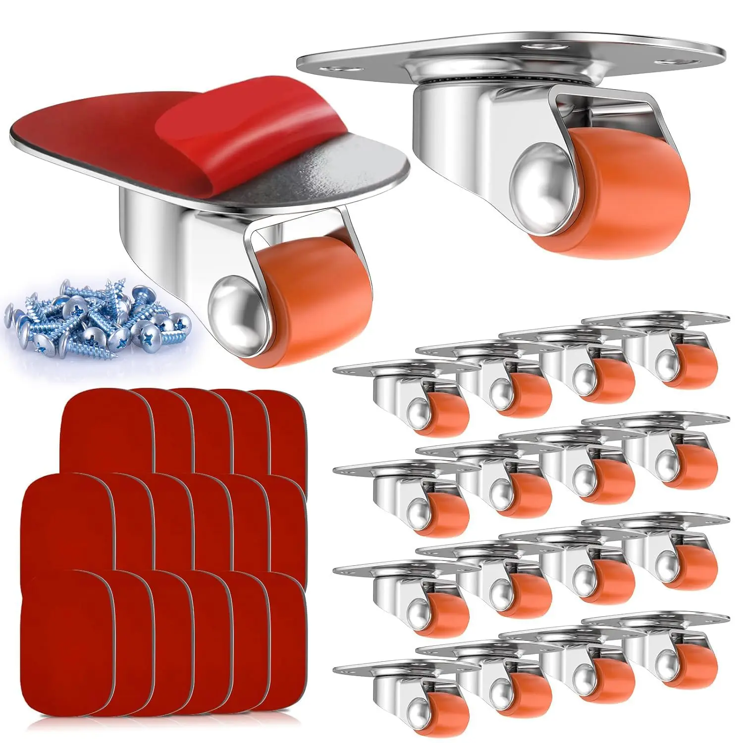 20-4 Oval Plate Self-Adhesive Caster Wheels 360° Swivel Strong Nano Adhesive Steel Plate 30 Lbs Load Capacity Per Caster, Easy I