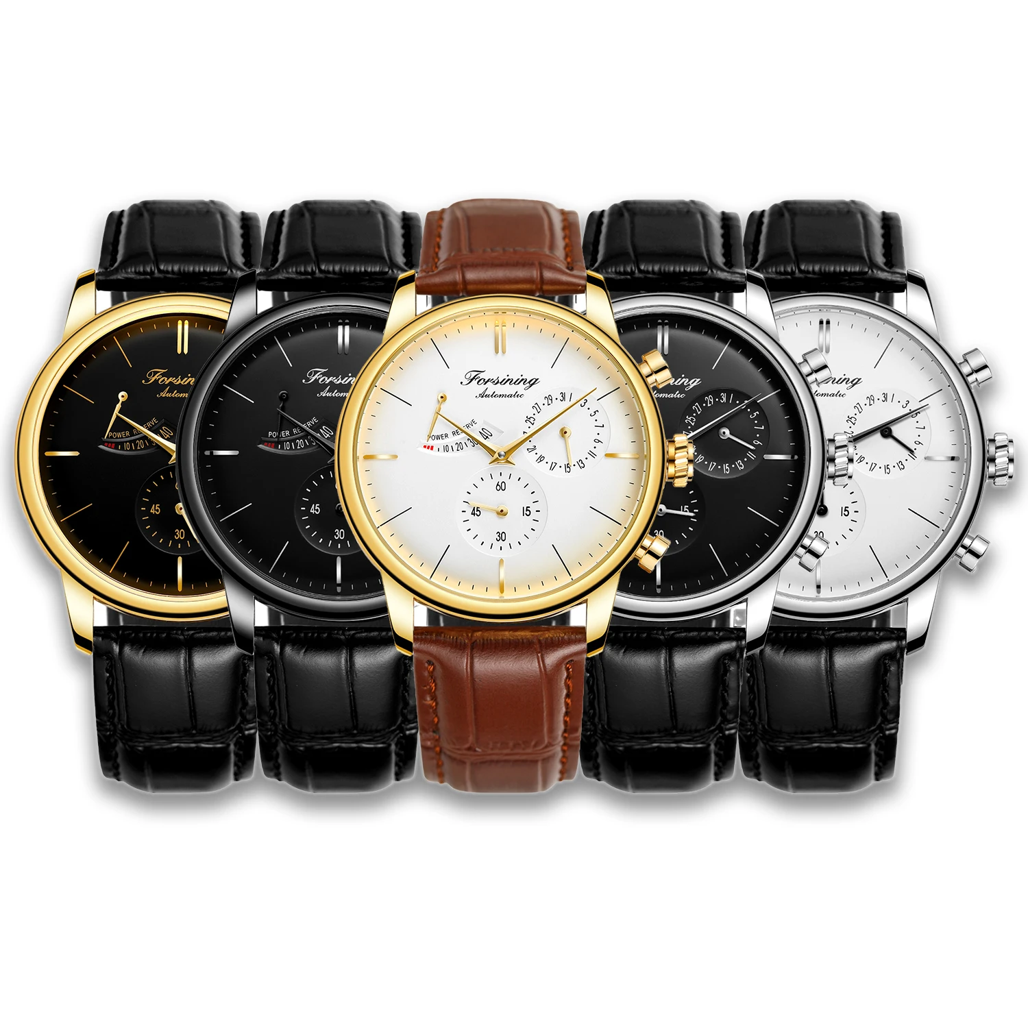 FOSINING Men's Automatic Watch with Power Reserve Indicator Auto Date Mechanical Male Clock Leather Belt Dress Wristwatch Gift