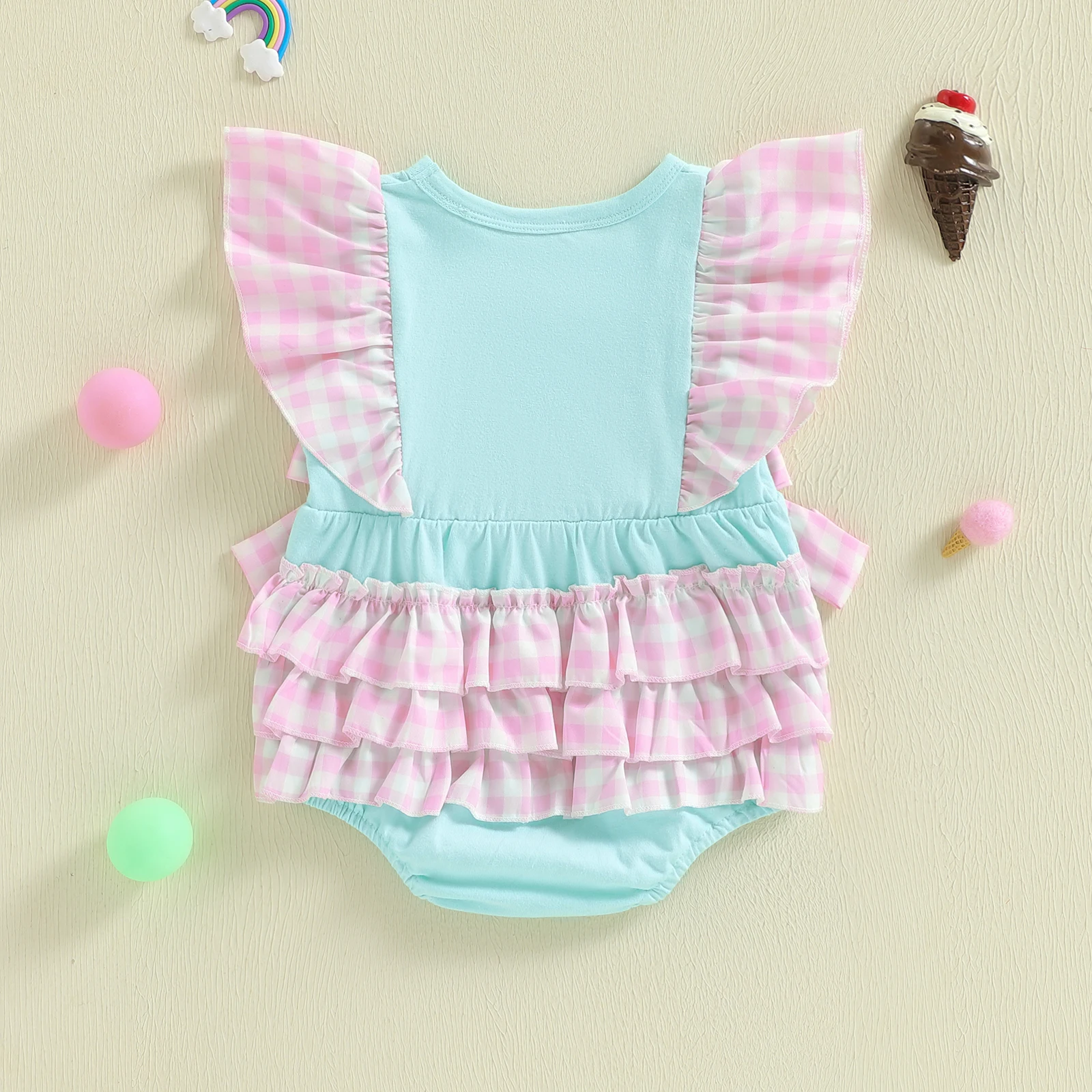 Infant Girls Summer Casual Rompers Plaid Flutter Sleeve Round Neck Ice Cream Embroidery Bow Jumpsuits Clothes
