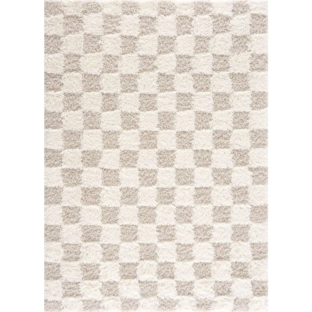 Contemporary Checkered Fluffy Shag Area Rug-Geometric Carpet Tiles for Living Room, Kids Room, White - 7'10