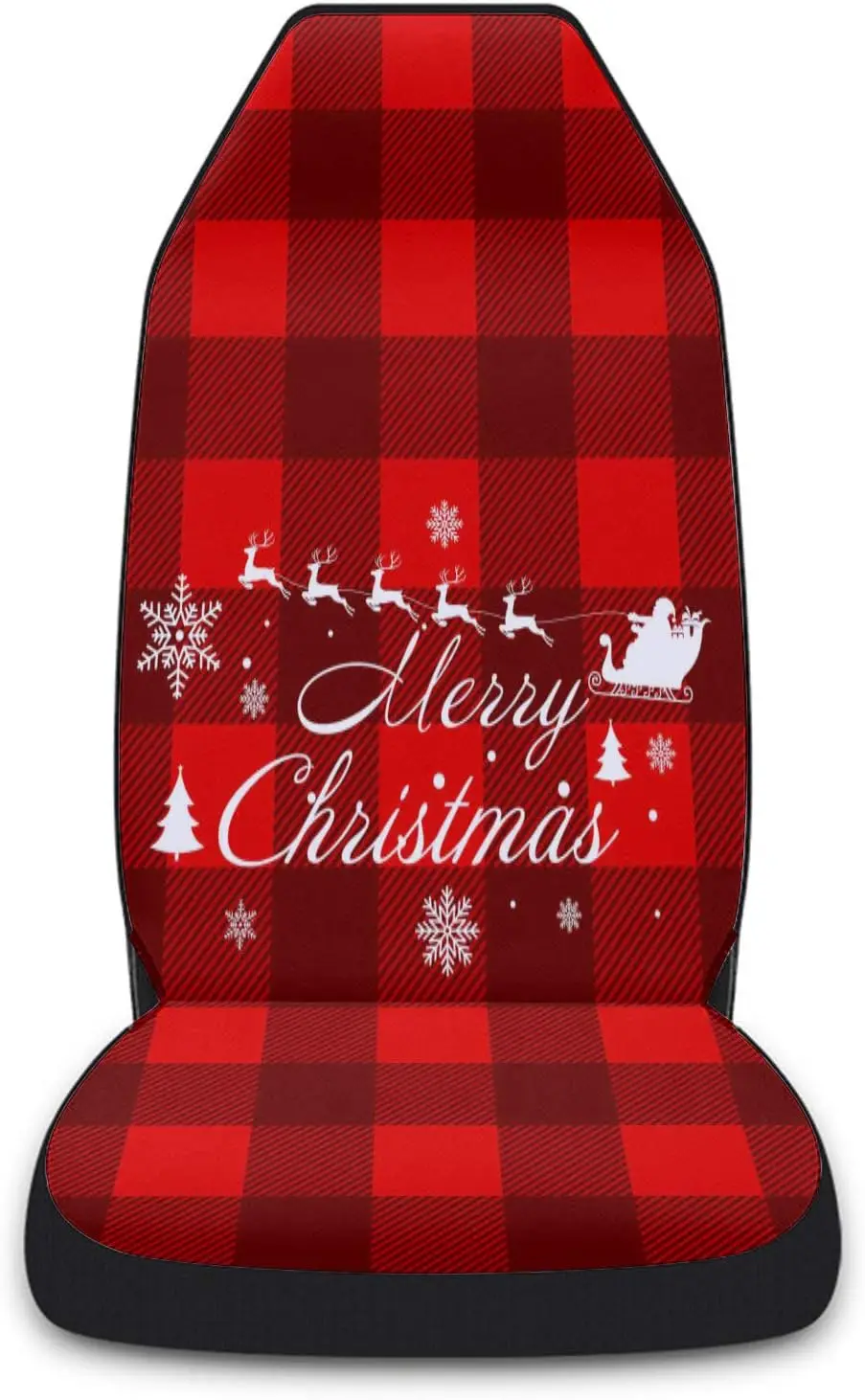 Merry Christmas Plaid Red Print Car Seat Covers 2 Pc Set Universal Front Carseat Cushion for SUV Car Trucks Reindeer Snowflake