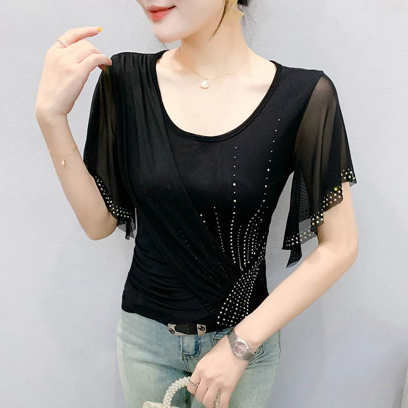2025 Summer Women's Mesh Top: Color-Block Design with Lace Trim & Rhinestone Details – Trendy Short Sleeve T-shirts