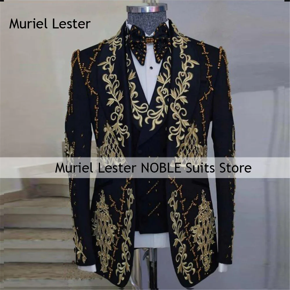 

Смокинги для жениха с золотыми аппликациями, куртка из бисера, жилет, брюки, свадебные костюмы из 3 предметов для мужчин, индивидуальные мужские вечерние платья для ужина 2025