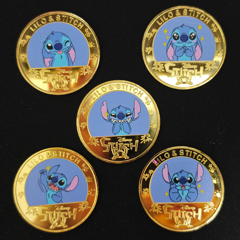 Lot de 5 pièces de monnaie commémorative Stitch plaqué or 24 carats, médaille de collection Anime Stitch, cadeau souvenir pour les fans et les collectionneurs