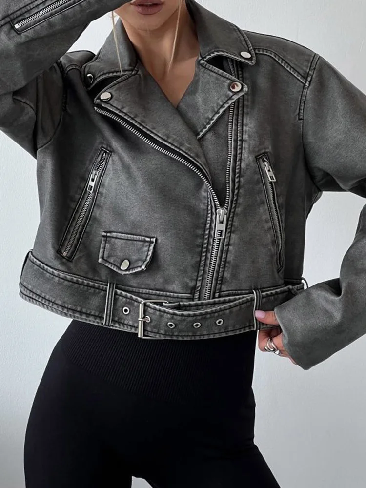 Ailegogo Streetwear Women Retro Loose Zipper Pu Faux Leather Short Jacket Vintage Female Belt Moto Biker Chic Coat Outwear Tops