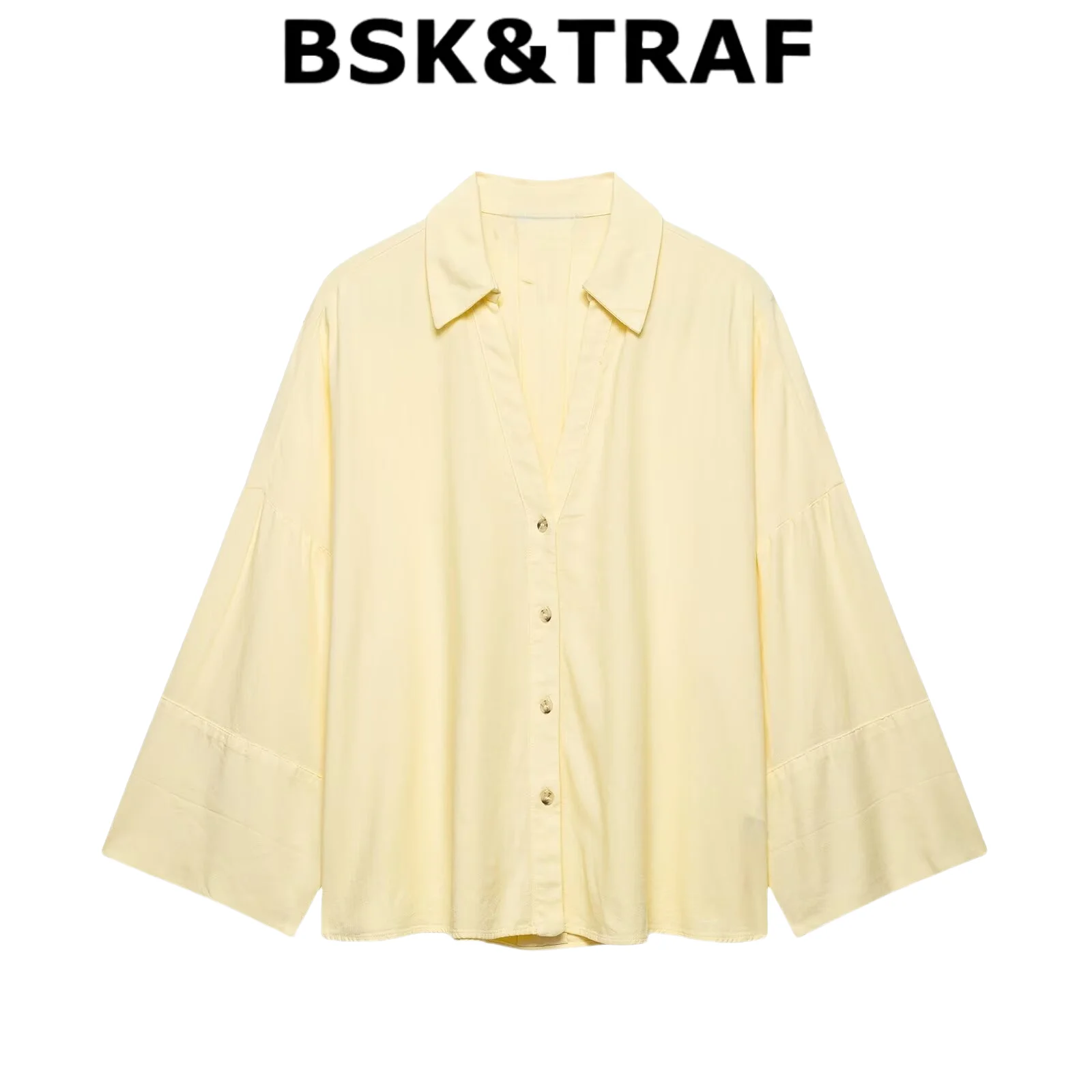 

BSK&TRAF2025 Summer New Products Women's Wear Solid Color Versatile Linen Blended Comfortable Wide Sleeve Lapel Shirt 2340/712