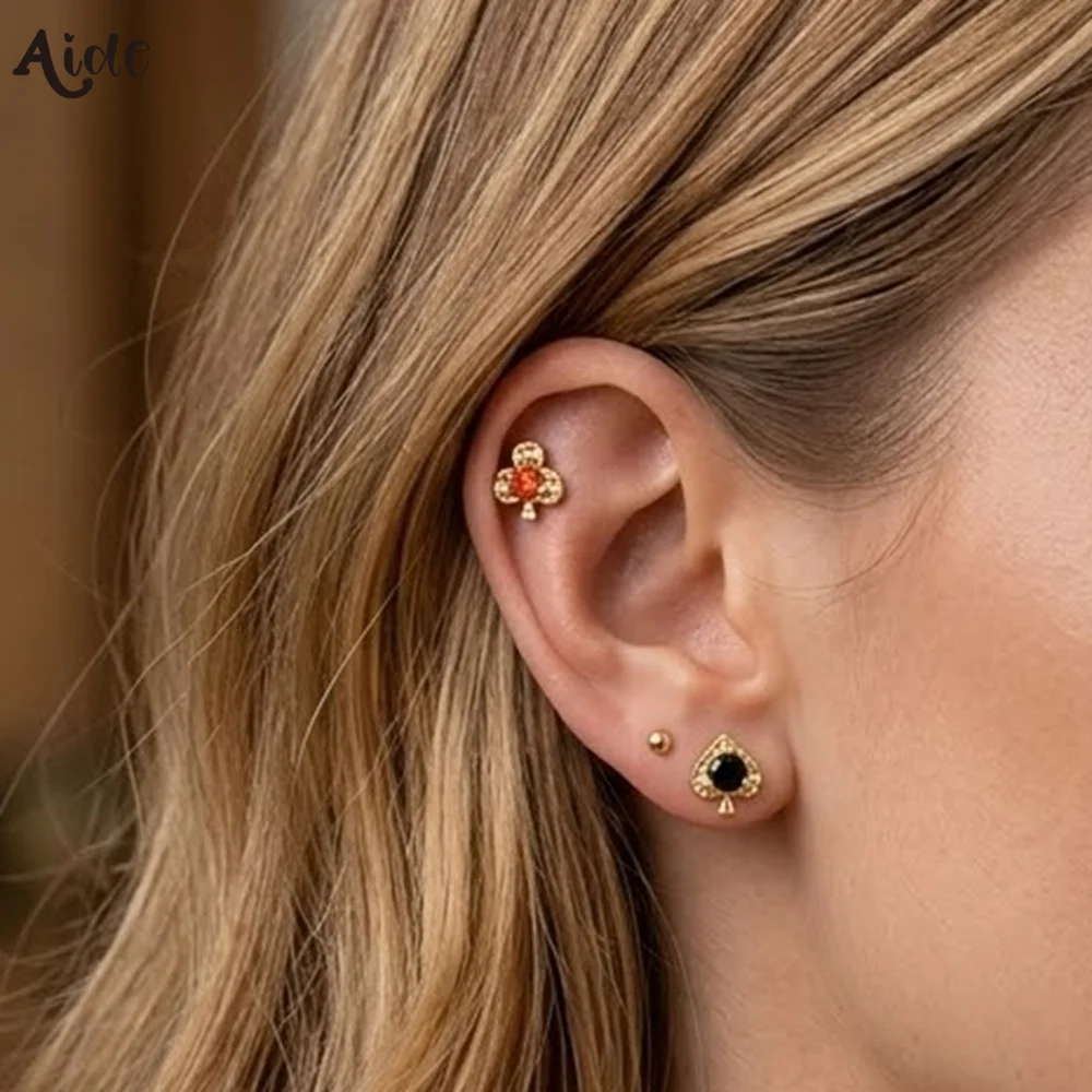 

Aide 1 Piece 14K Solid Gold Playing Card Cartilage Studs Clover & Spade Colors Zircon Earrings for Women Ear Stacking Jewelry