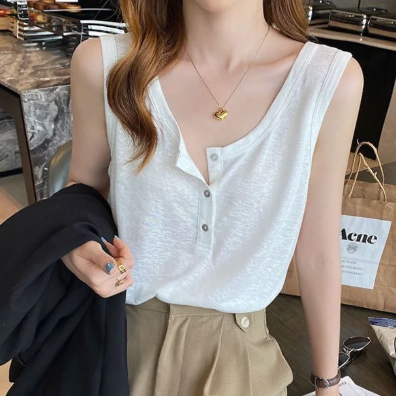 New Korean Solid Loose Tank Top for Women\'s Button Sleeveles Thin Loose Simplicity Casual T Shirts Fashion Harajuku Clothing