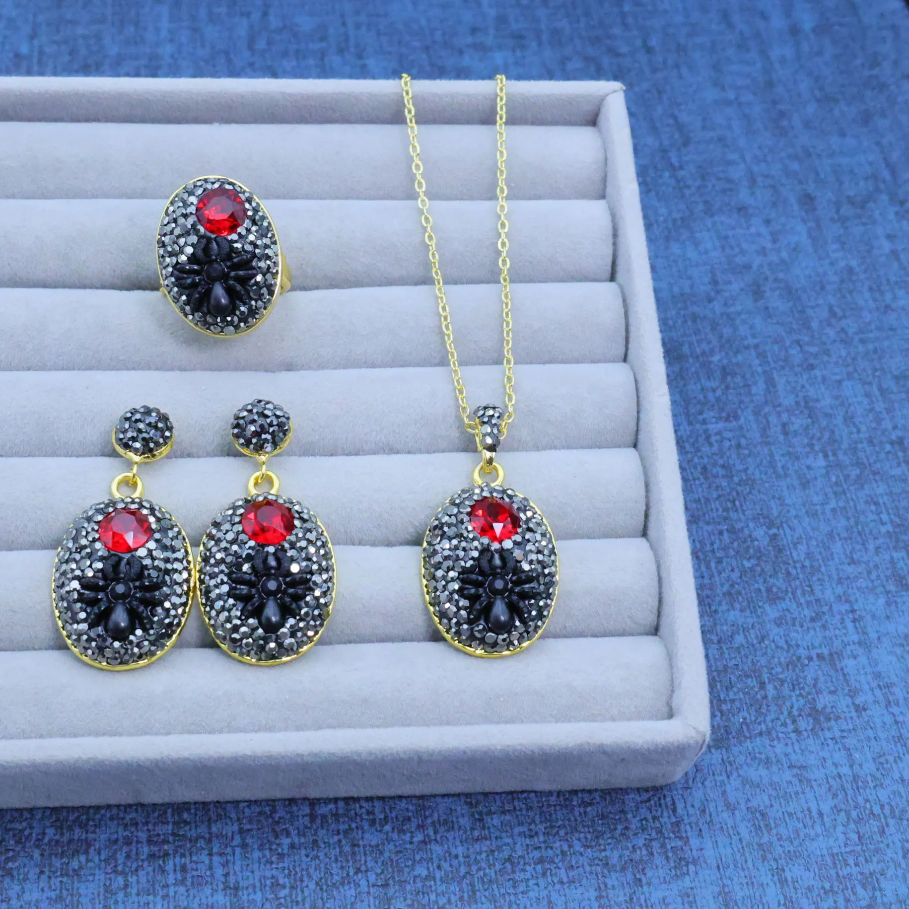 DIY accessories Cross-border European and American black spider natural pearl jewelry DIY three-piece earrings necklace ring ori