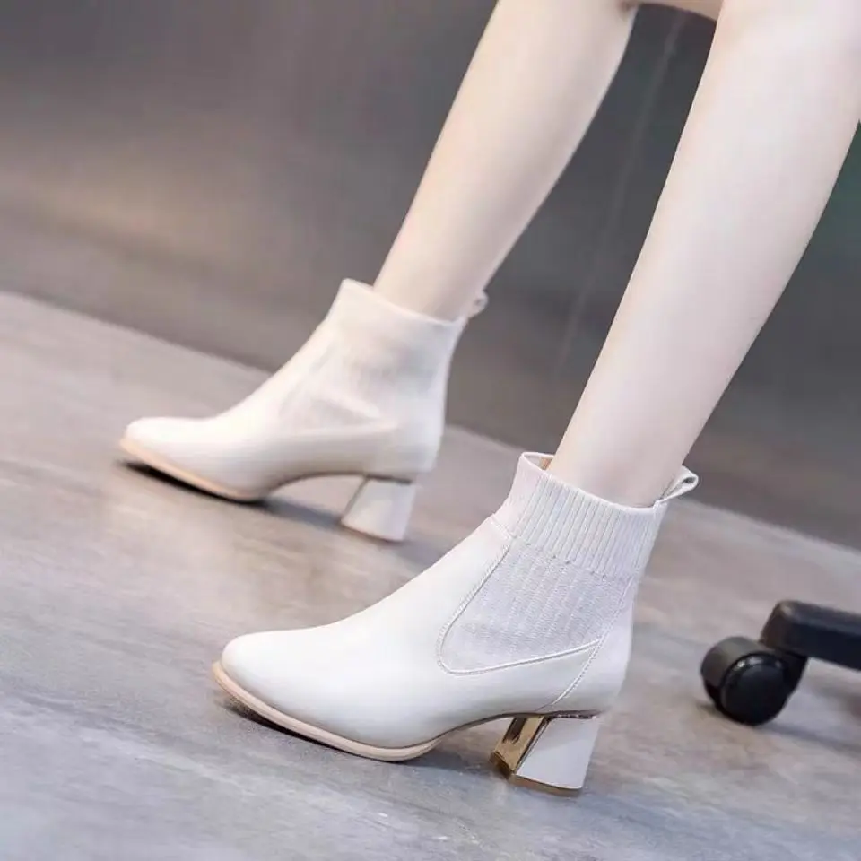 Elegant with Medium Heels Leather Women's Ankle Boots Autumn Winter Female Short Shoes Solid Color Booties Pu Boot on Promotion