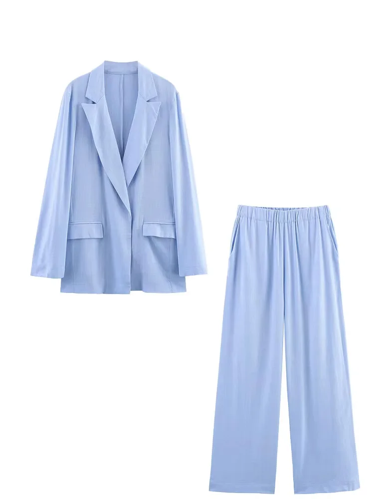 بدلة نسائية متينة من HH بياقة مقلوبة وأكمام طويلة وجيوب واحدة الصدر + سراويل مزخرفة بخصر مطاطي قابلة للطي