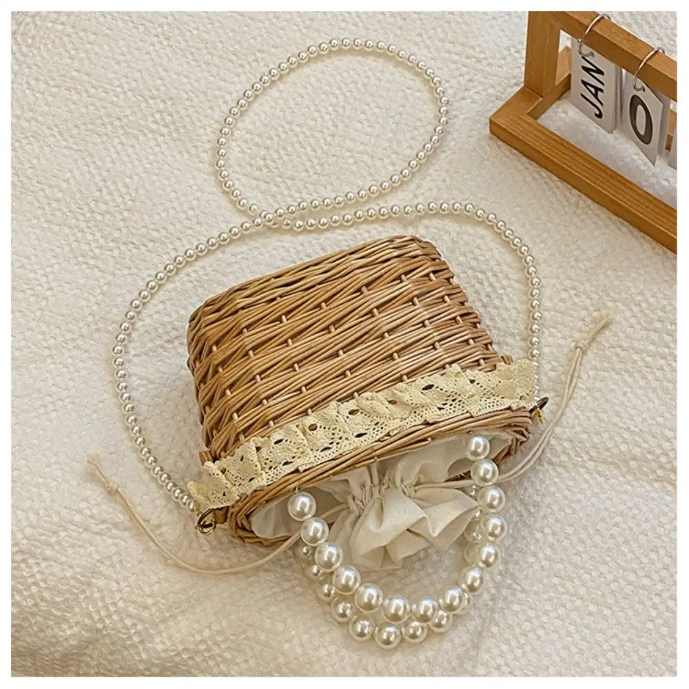 Handmade Straw Handbag Fashion Rattan Woven Large Capacity Straw Crossbody Bag Bead String Shopping Basket Women Girl