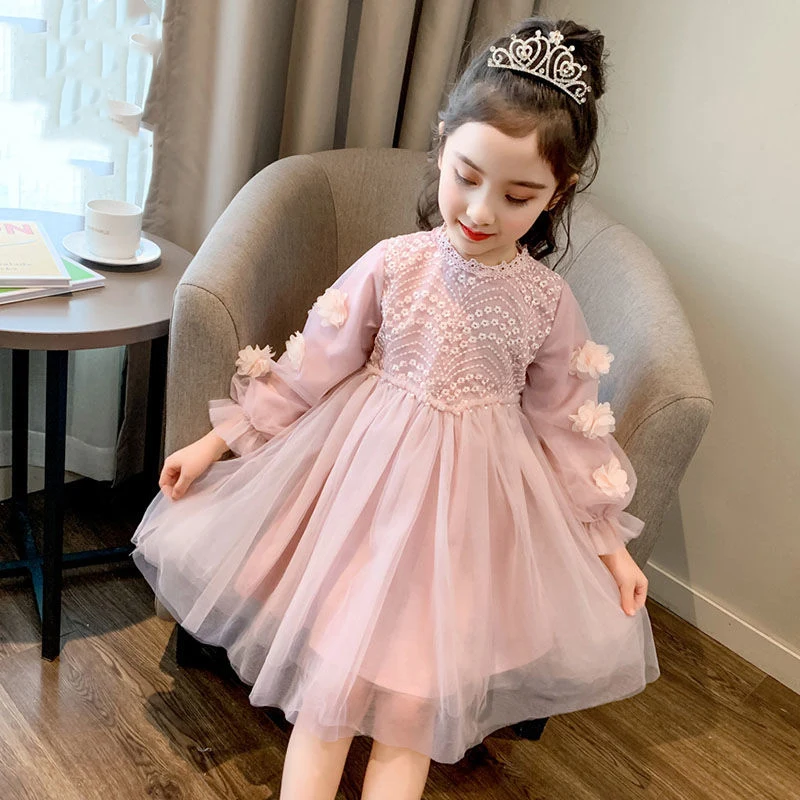 Autumn Winter New Fashion Kawaii Girls Party Dress Solid Appliques Long Sleeve Kids Princess Dress Cute Sweet Children\'s Clothes