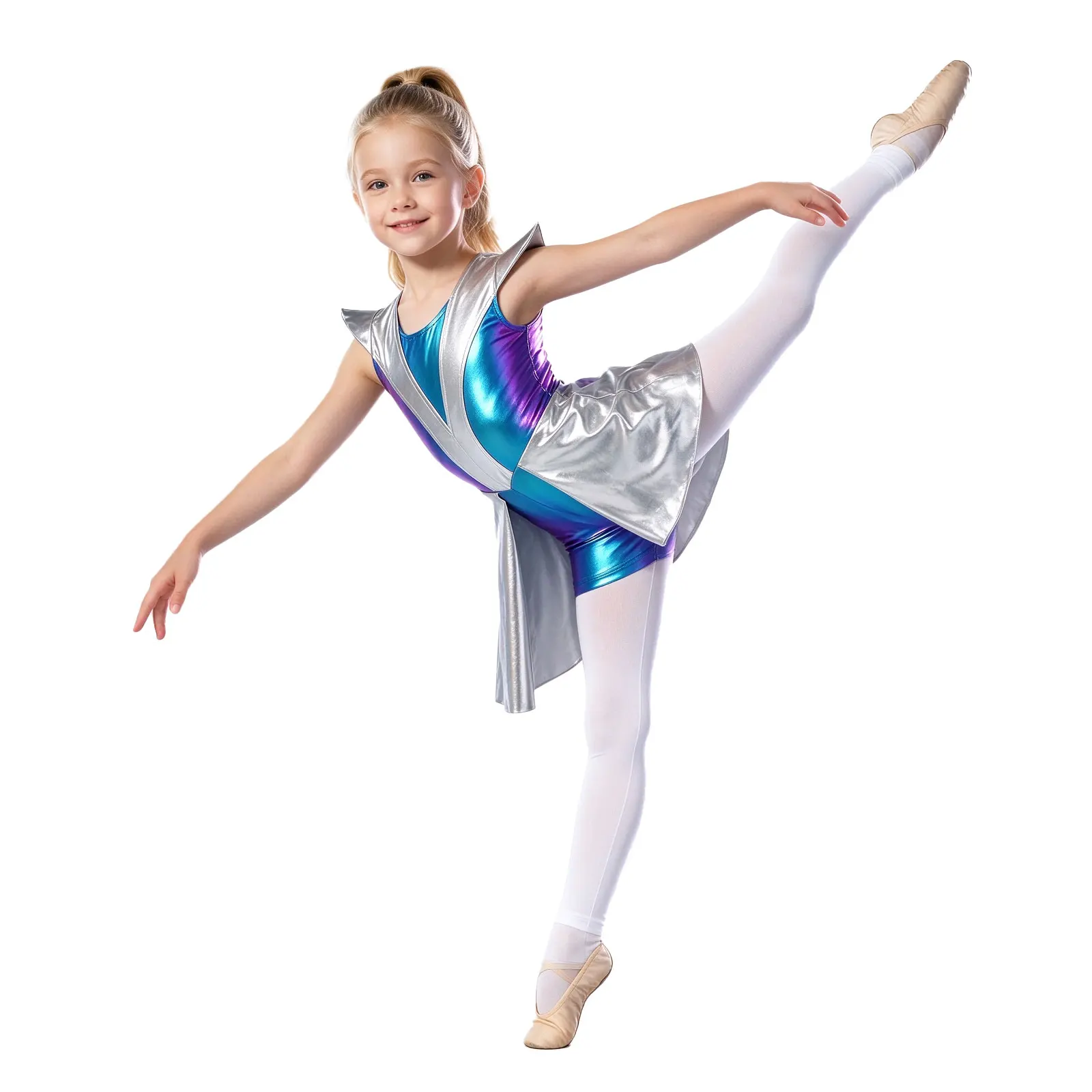 Kids Girls Jazz Dancewear Alien Costume Cap Sleeve Zipper Color-blocked Metallic Skirted Bodysuit for Role-playing Theme Party