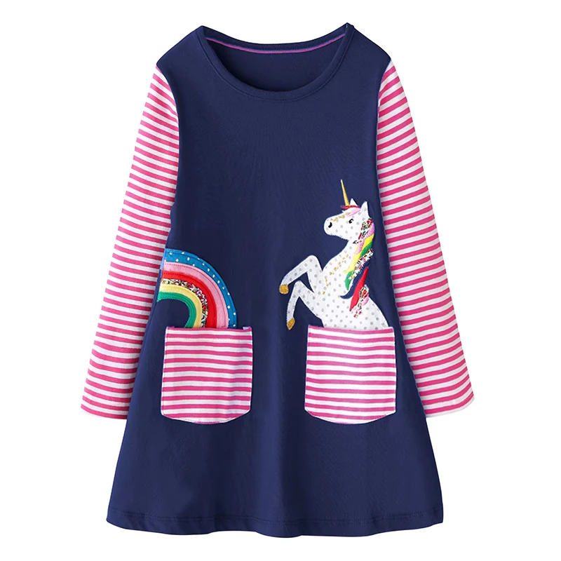 Jumping Meters 4-8T Dog Embroidery Children's Princess Girls Dresses  Striped Animals Long Sleeve Autumn Kids Birthday Dress