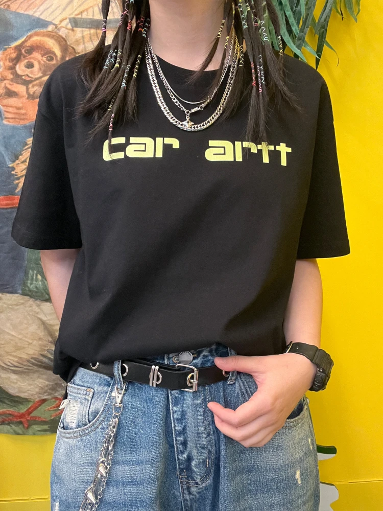 Heavyweight 260G Fluorescent Letter Car Slimming T-Shirt Short Sleeve Retro Belly Covering Fashionable Women's Top
