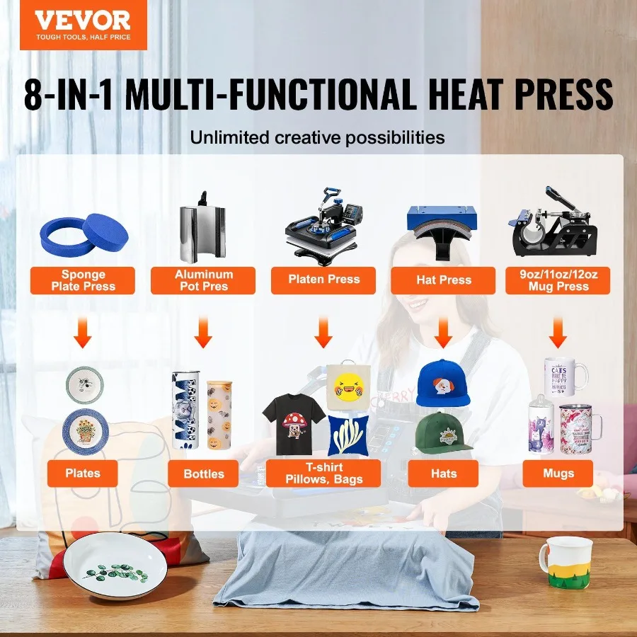 Macchina della pressa di calore 12 x 15 pollici 8 in 1 Macchina per sublimazione della pressa di calore Rotazione a 360 Swing Away Macchina da stampa per camicie 8 in 1 Du