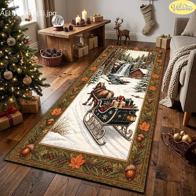 VIKAMA Horse Carriage Street Lamp Green Border Christmas Hallway Runner Rug Corridor Floor Mat Non Slip Rubber Backing Soft