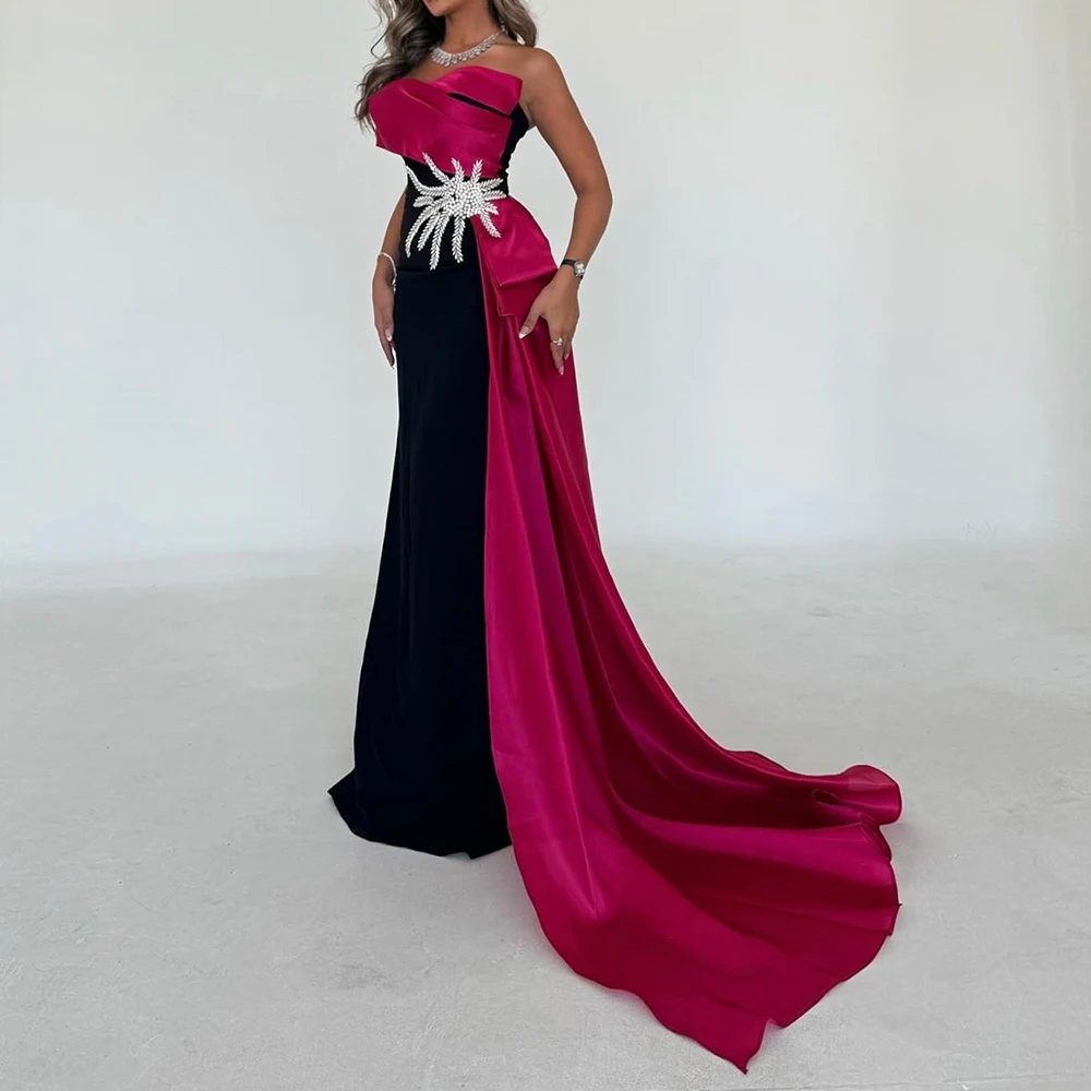 

Strapless Straight Pleats Sleeveless Floor Length Panel Train Dubai Evening Caftan Dress Crystal Dresses For Formal Occasions