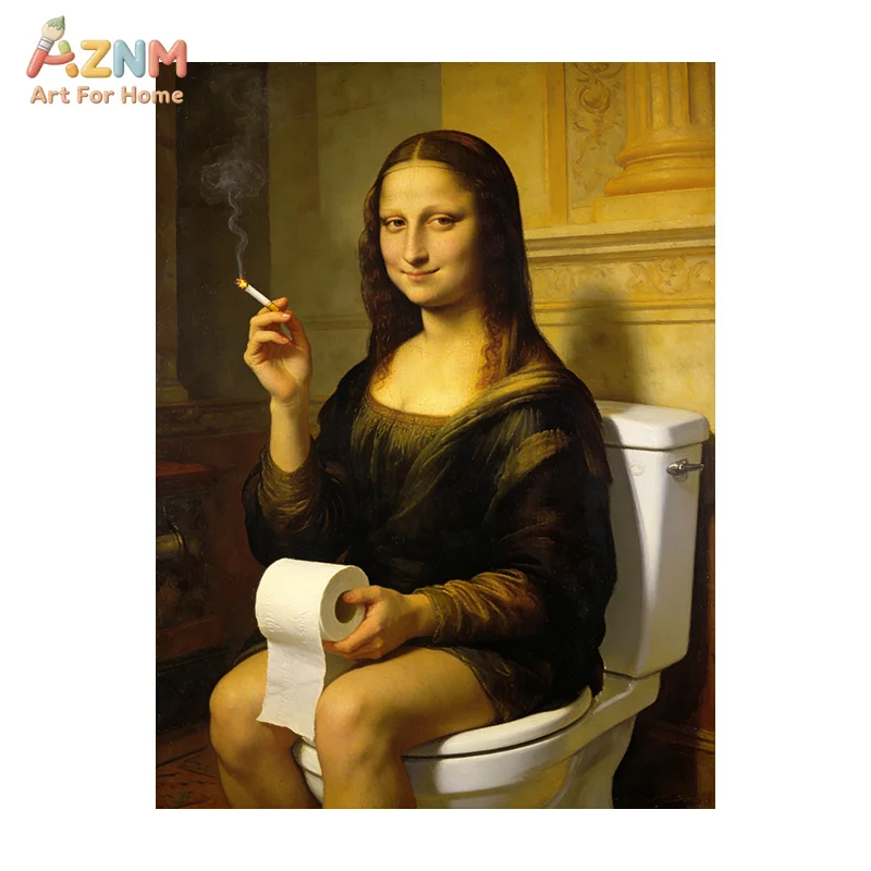 Funny Mona Lisa On Toilet Smoking Cigarette Canvas Poster Vintage Spoof Famous Painting Bathroom Wall Art Decor Unframed