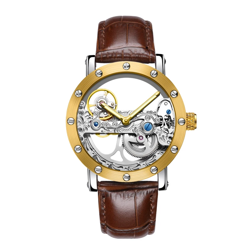 Luxury Brand WOONUN Leather Strap Transparent Dial Golden Case Mens Watches Automatic Mechanical Orologio Men