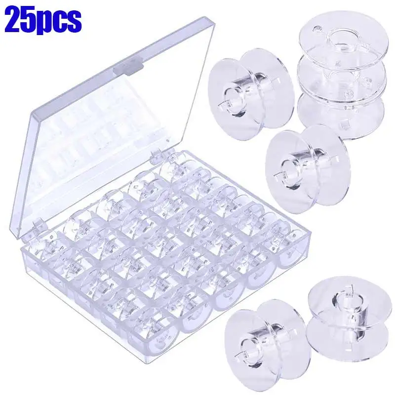 25Pcs Empty Bobbins Sewing Machine Spools Clear Plastic with Case Storage Box for Brother Janome Singer Elna xqmg Sewing Tools