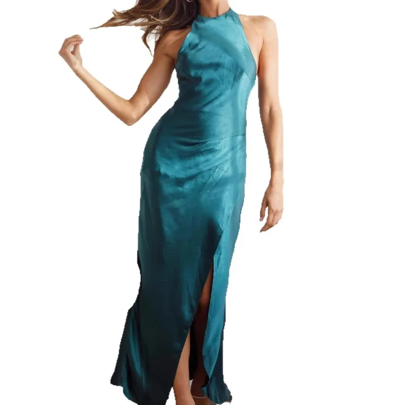 미디 길이 오픈 백 스플릿 이브닝 드레스 새틴 행잉 네 발 H라인 가운 스트리트 슬레 하이 웨이스트 지퍼 클로저 롱...