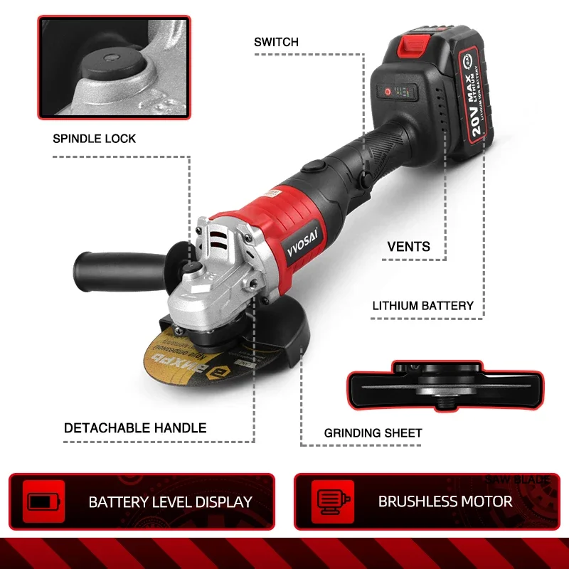 VVOSAI 125mm MT-Series 20V Brushless Angle Grinder Rechargeable 3 Gears Wireless Electri Cutting Grinding Cordless Power Tools