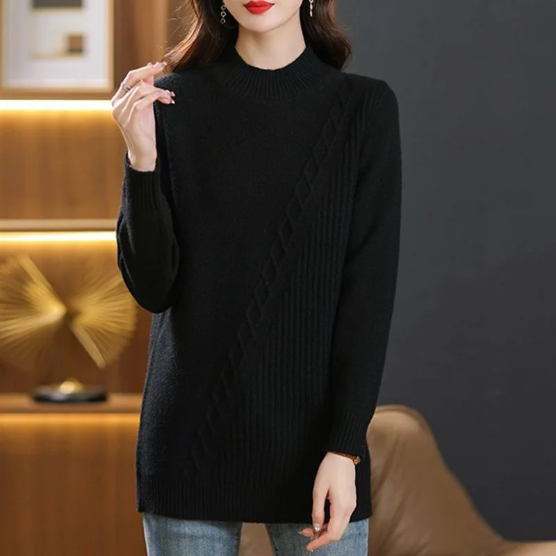 2025 Autumn Winter Women\'s Clothing Sweater Pullover New Solid Loose Mid Long Knitted Sweater Bottoming Shirt Female Casual Tops