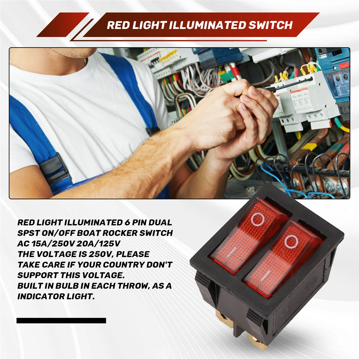 

ABFA Red Light Illuminated 6 Pin Dual SPST ON/OFF Boat Rocker Switch AC 15A/250V 20A/125V