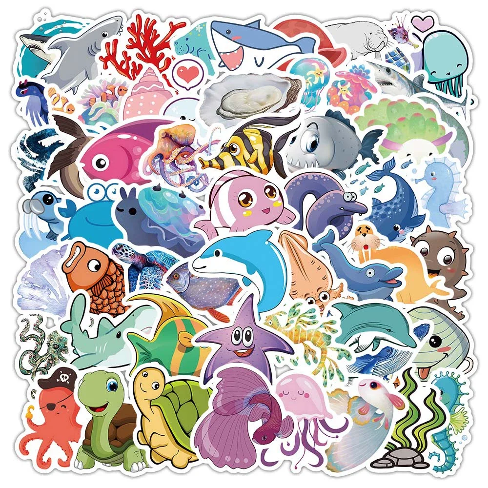 10/30/50/100pcs Cartoon Cute Marine Life Stickers PVC Material Personalized DIY Refrigerator Phone Scrapbook Waterproof Stickers