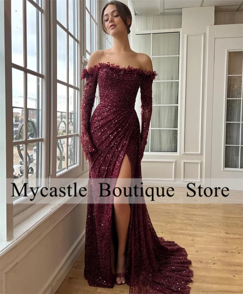 

Burgundy Lace Beading Mermaid Evening Dresses 2025 Full Sleeves Side Slit Formal Prom Dress Birthday Party Gowns Customized