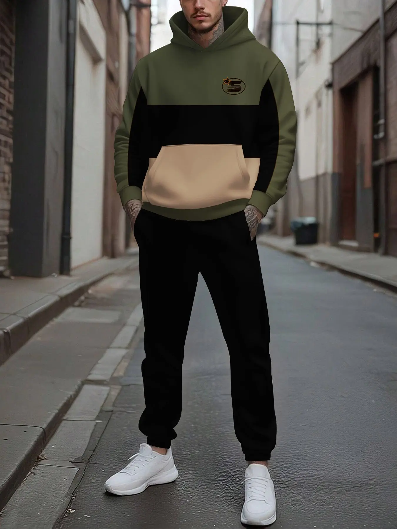 Set 2 potong, setelan olahraga pria bergaya Eropa dan Amerika dengan atasan lengan panjang dan celana panjang